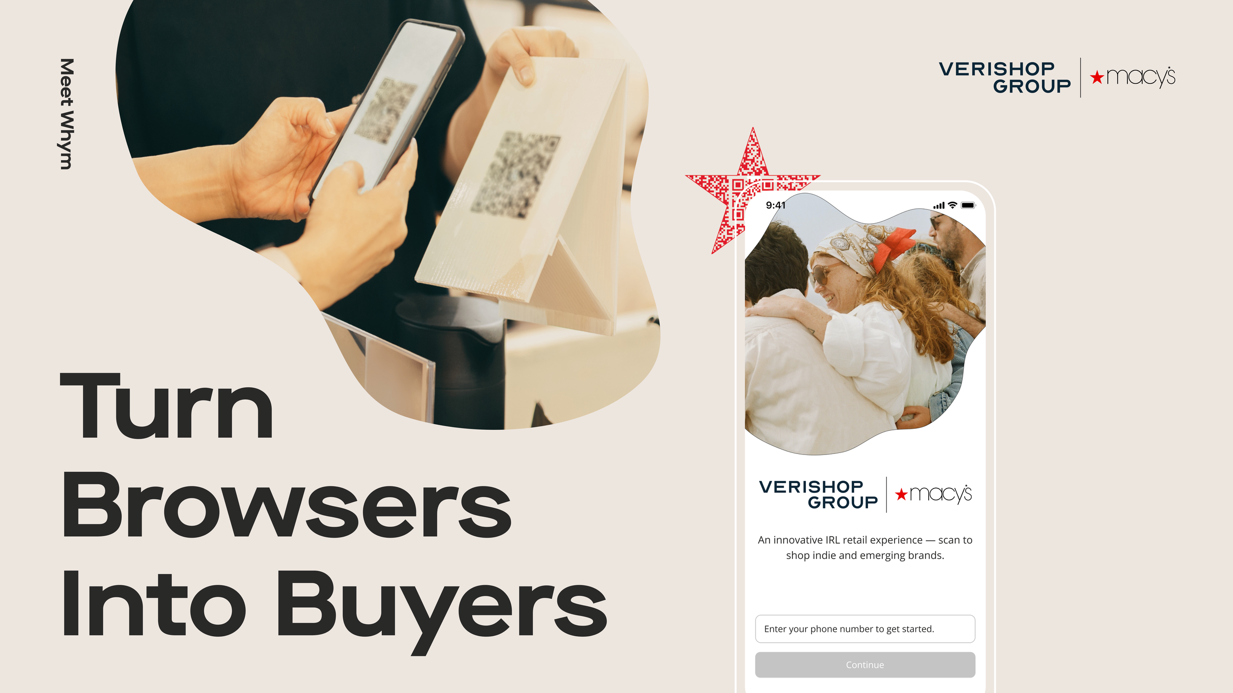 Slide 'Turn Browsers Into Buyers' with a shopper scanning a countertop QR sign and a Verishop x Macy's landing page